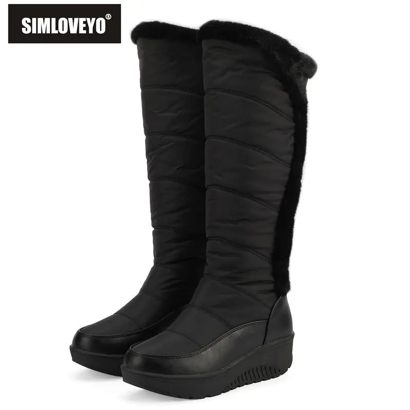 

SIMLOVEYO New Women Knee High Boots Round Toe 5cm Wedges Heel Slip On Outdoor Waterproof Warm Plush Snow Bota Big Size 42 Autumn