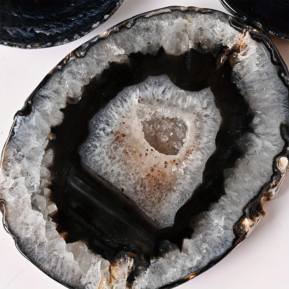 1pc Natural Black Agate Geode Slice Style Round Cut Crystal with Natural Inclusions Glossy Black Agate Gift for Home&Office view 5
