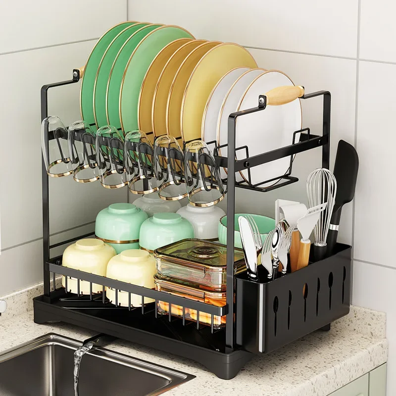 Kitchen Double-Layer Bowl Rack Household Countertop Dish Plate Cup Chopsticks Tableware Drain Storage Rack Knife Holder