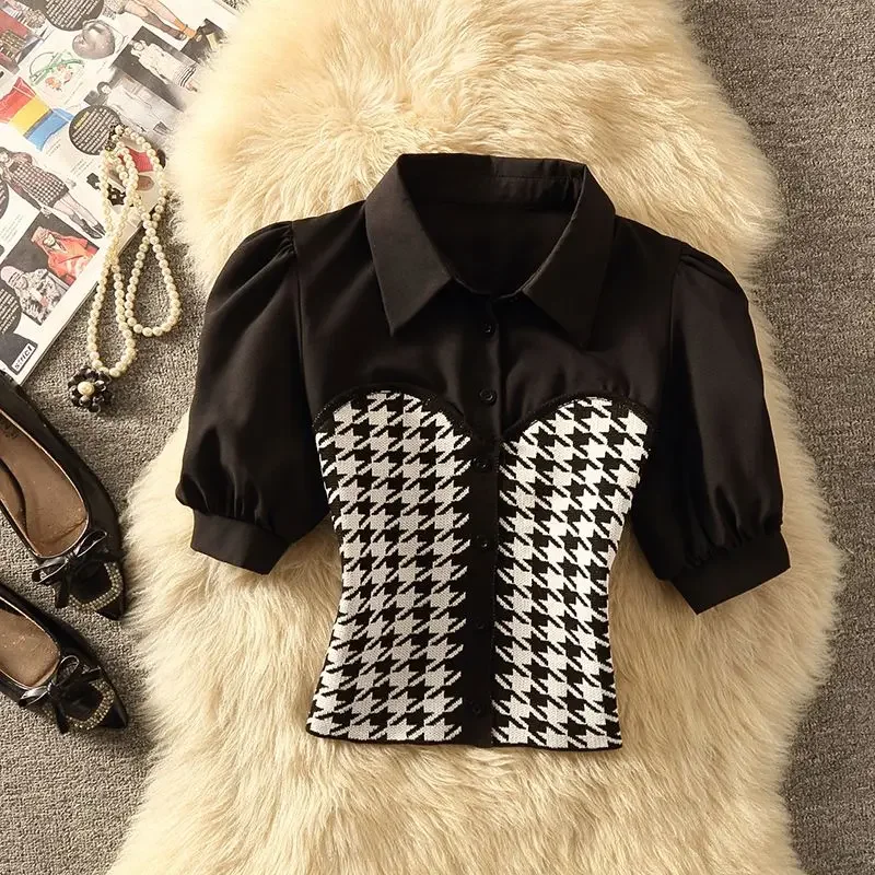 Polo Collar Stitching Houndstooth Shirt Women's Summer Design Sense Niche Pure Desire Sweet Hot Girl Short Puff Sleeve Top