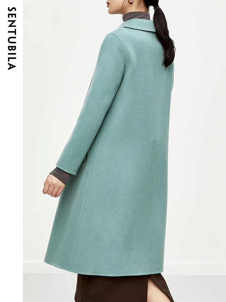 SENTUBILA Longline Winter 100% Wool Coat for Women 2024 Elegant Single Breasted Warm Wool Overcoats Ladies Outerwear W14O36582