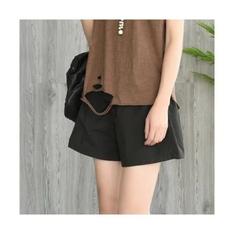 Vintage Elastic Waist Thin Shorts Summer Solid Pockets Patchwork Loose Simplicity Wide Leg Pants Fashion Casual Women Clothing
