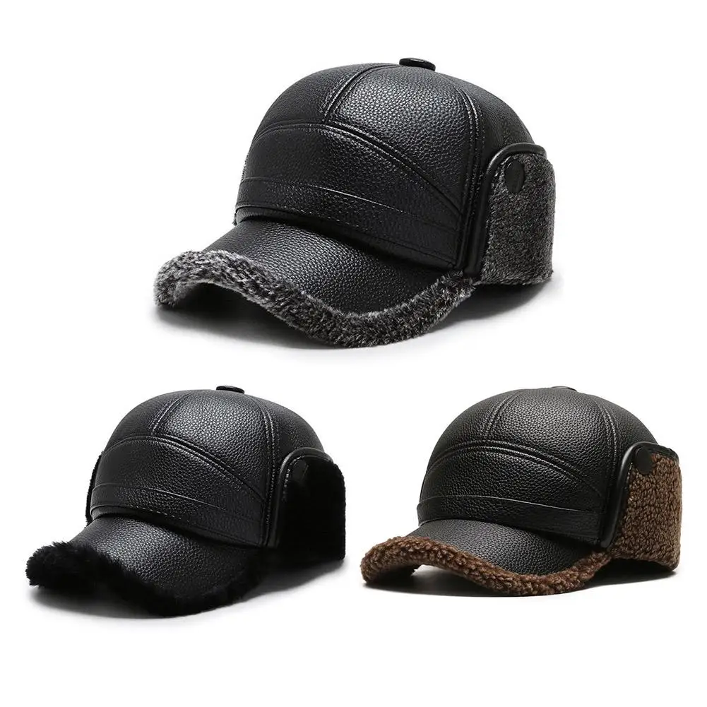Gorra de béisbol de cuero Pu para hombre, gorro cálido de invierno para papá, abuelo, gorro térmico, gorro de cuero grueso y cálido, gorra con protección para los oídos para hombre mayor