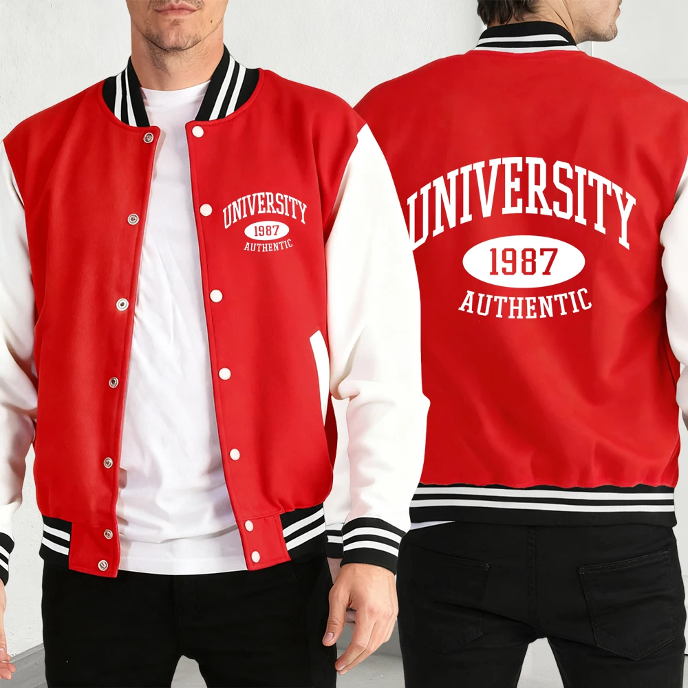 

University 1987 Authentic Printing Mens Baseball Jersey Loose Streetwear Fashion Fleece Clothes Unisex Retro Autumn Button Top