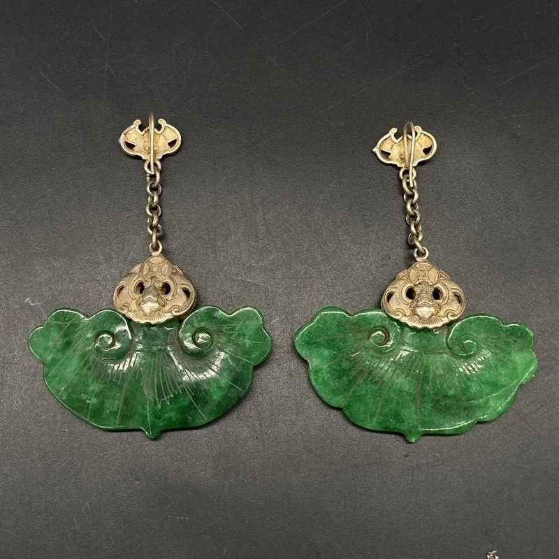 Chinese Antique Tibetan Silver Inlaid Jade Earrings Chinese Jade Earrings Jewels