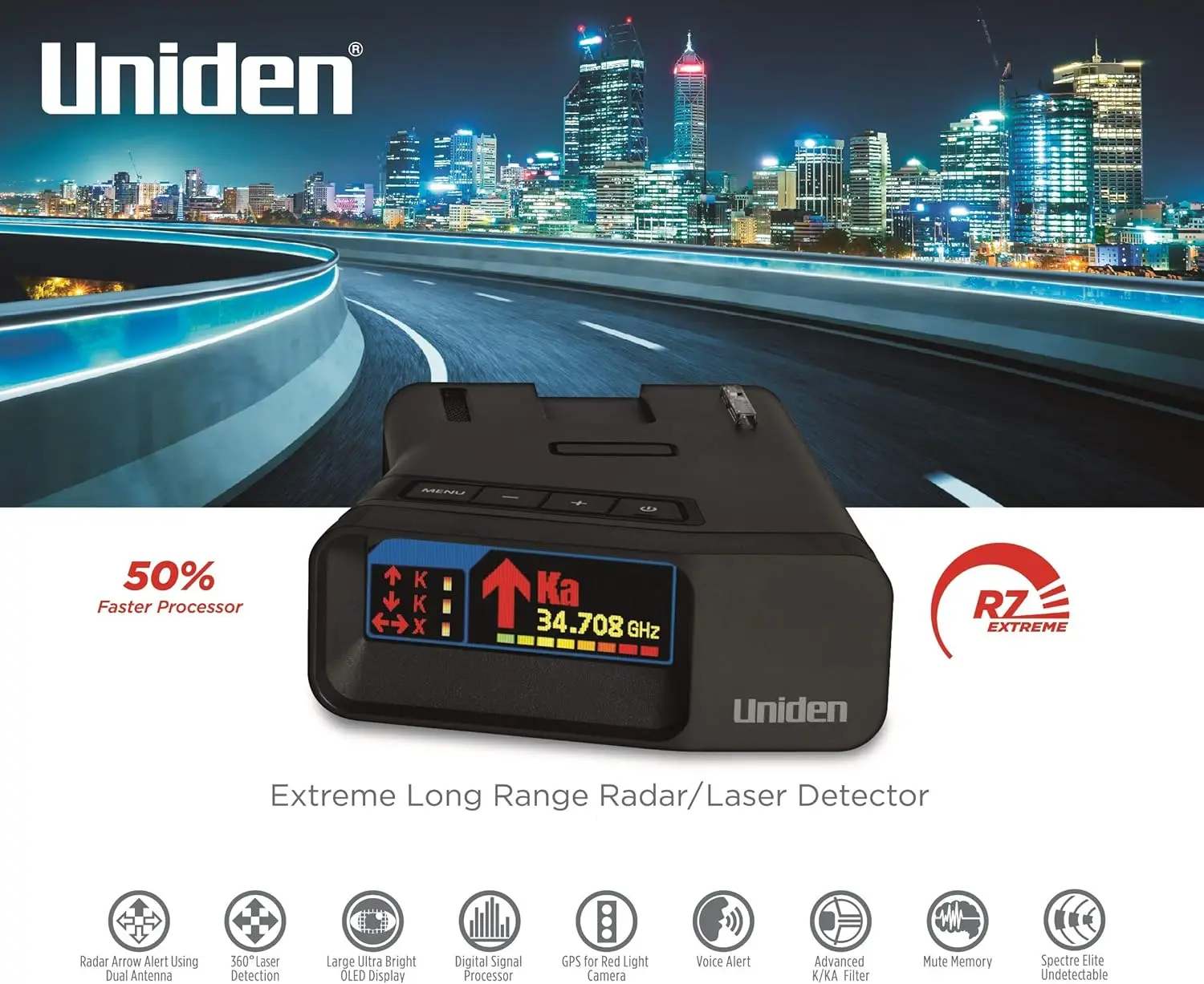 

Built-in GPS w/Real-Time , Dual-Antennas w/Directional Arrows, Smart Hardwire Kit with Mute/Mark Button, LED