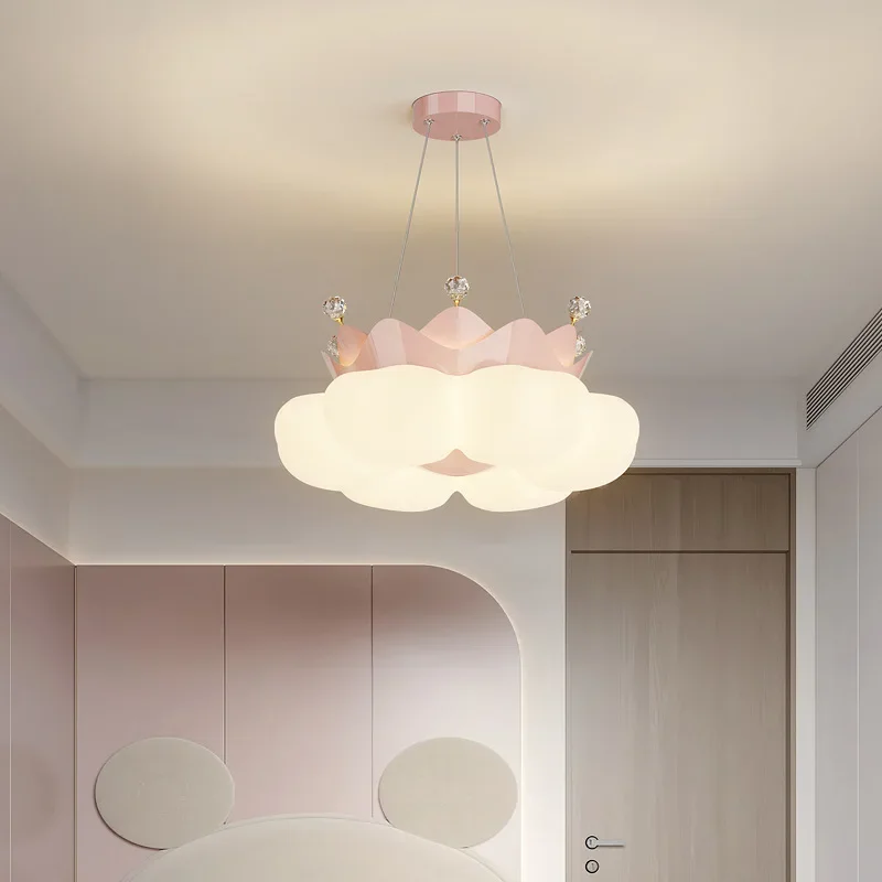 

Children's room girls' bedroom chandelier creative pink crown petal LED light warm romantic baby crown cloud ceiling light