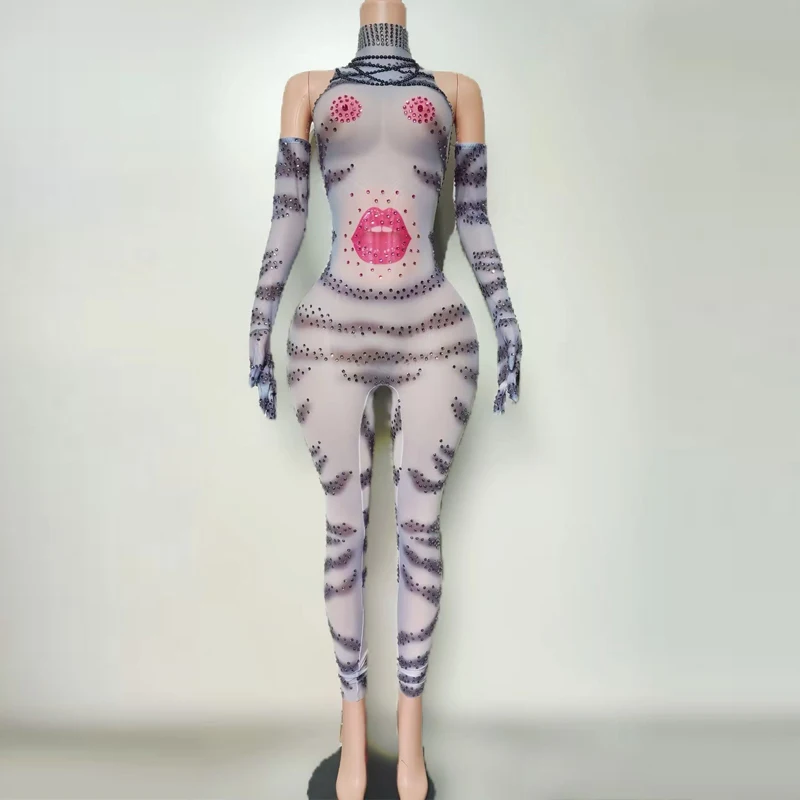 Drag Queen Kostüm Tiger Muster Strass Overall Frauen Pole Dance Rave Outfit Bar Nachtclub Dj Bühne Gogo Tragen XS10411