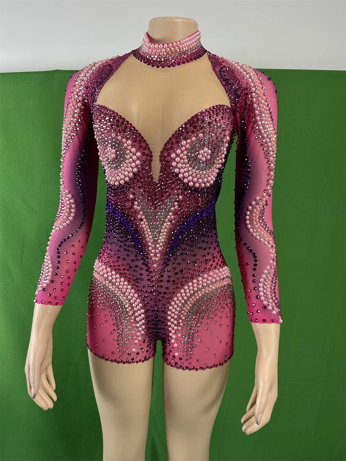 

See Through Women Rhinestone Pearl Romper See Thru Singer Luxury Bodysuits Drag Queen Costume Mesh Long Sleeve Stage Wear 2025