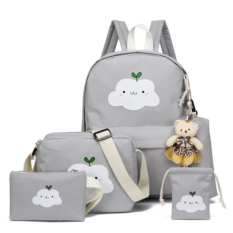 

Small Fresh Canvas Backpack Elementary School Casual Simple Five-piece Set of Solid Color Cloud Pattern Design Girl Backpack