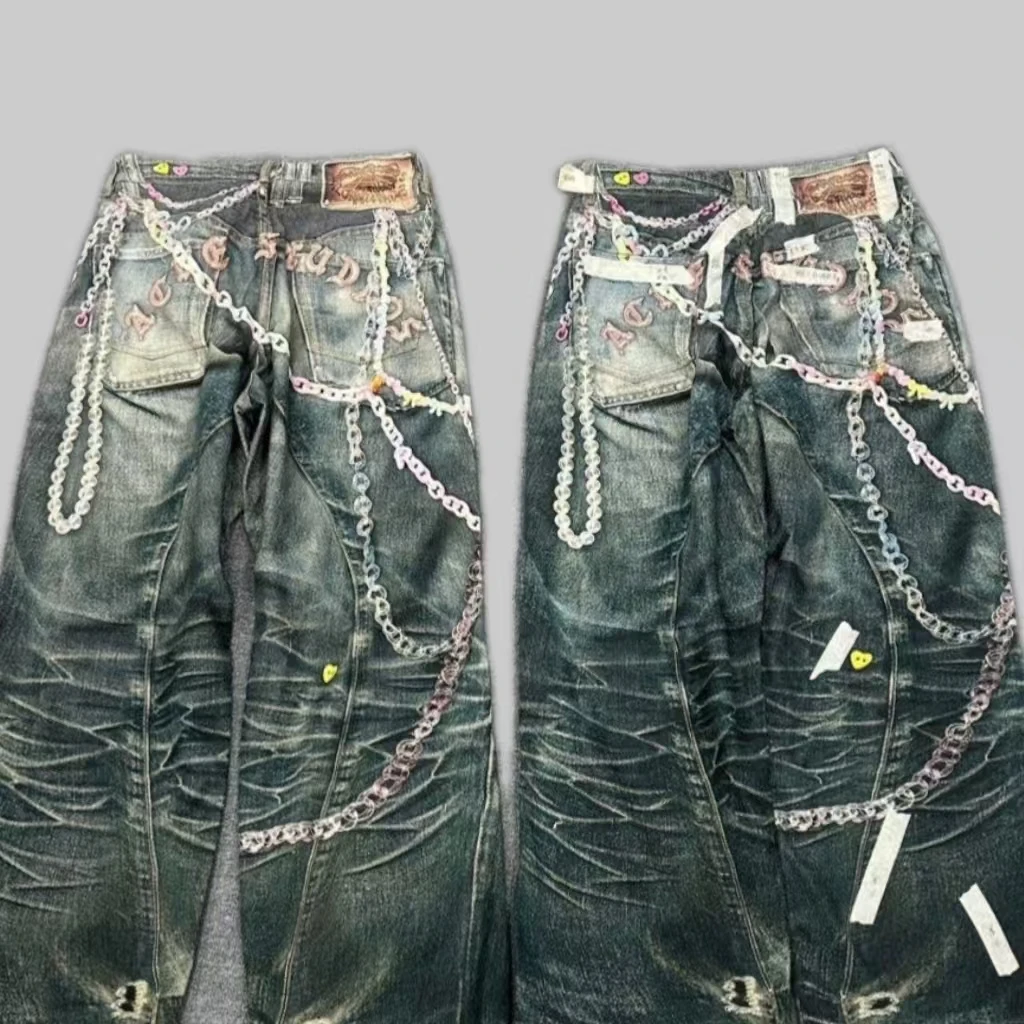 

Y2k Американские готические широкие джинсы с принтом конфетной цепочки для мужчин и женщин Ретро Хип-хоп Панк Стиль Высококачественные повседневные джинсы для пар