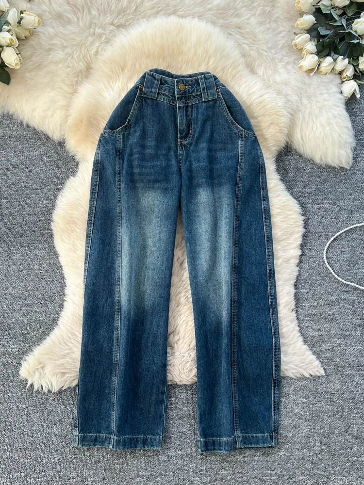 

Свободный крой с высокой талией, шикарный дизайн, широкие укороченные джинсы с широкими штанинами, женские повседневные универсальные осенние джинсовые джинсы