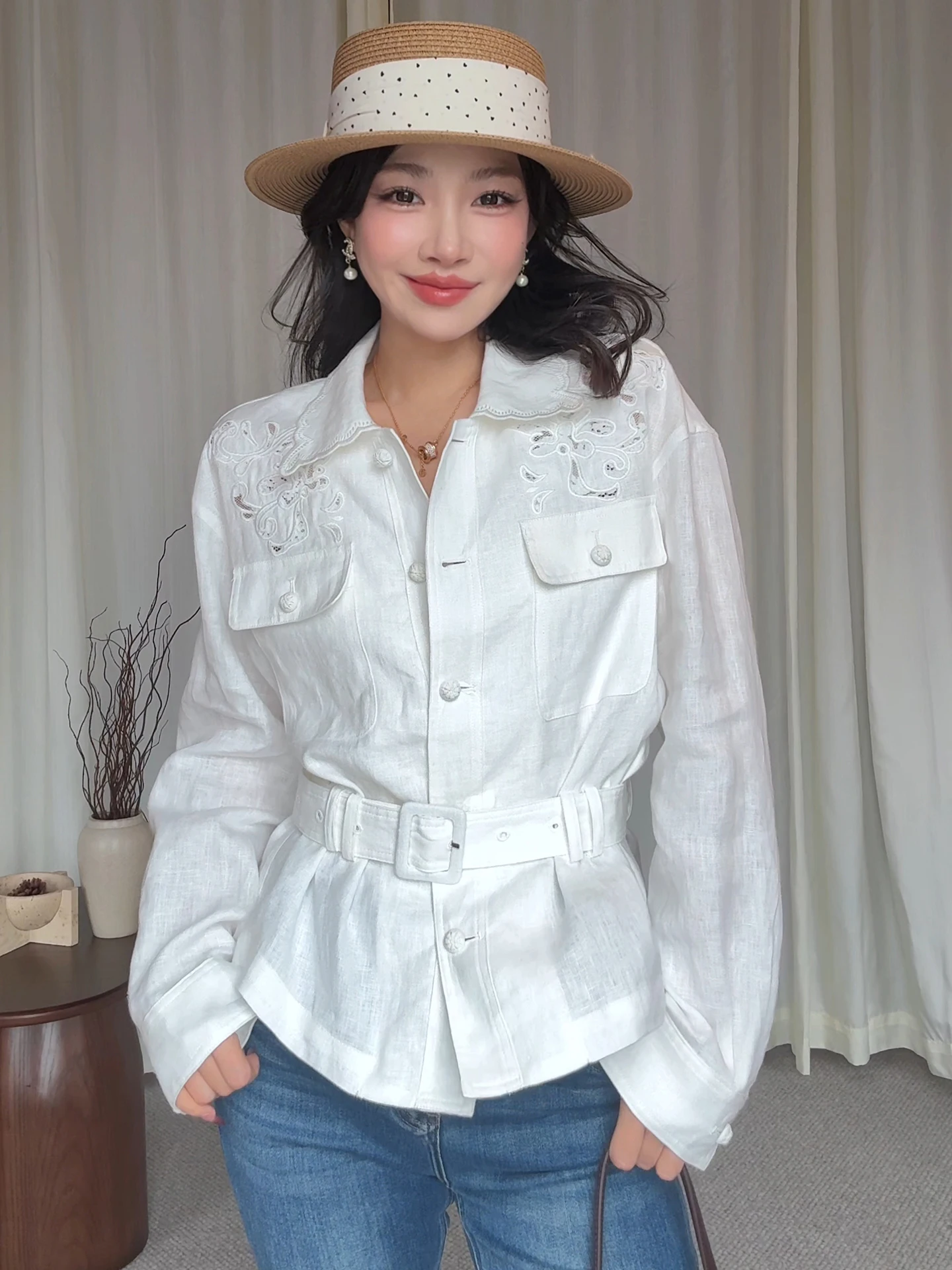 

Женское льняное пальто Meiyu Slimming с вышивкой и поясом, свободного кроя, стандартной длины, с длинными рукавами