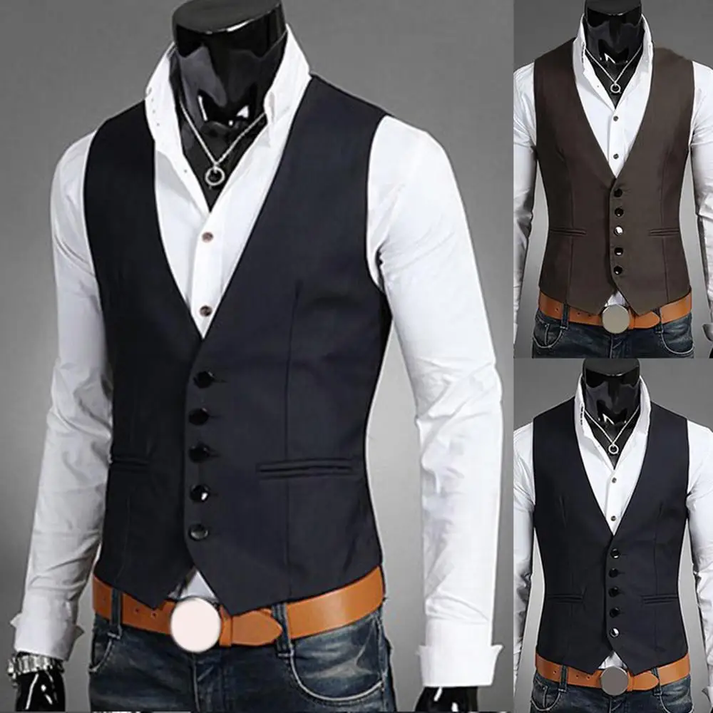 

Business Men Solid Color V Neck Button Pocket Sleeveless Slim Vest Waistcoat