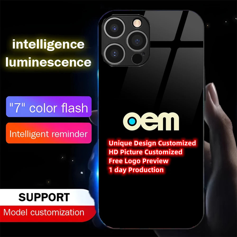 2025 Customized OEM Smart LED Light Glowing Tempered Glass Phone Case For iPhone 16 15 14 13 12 11 Pro Max X XS XR Plus 7 8 SE