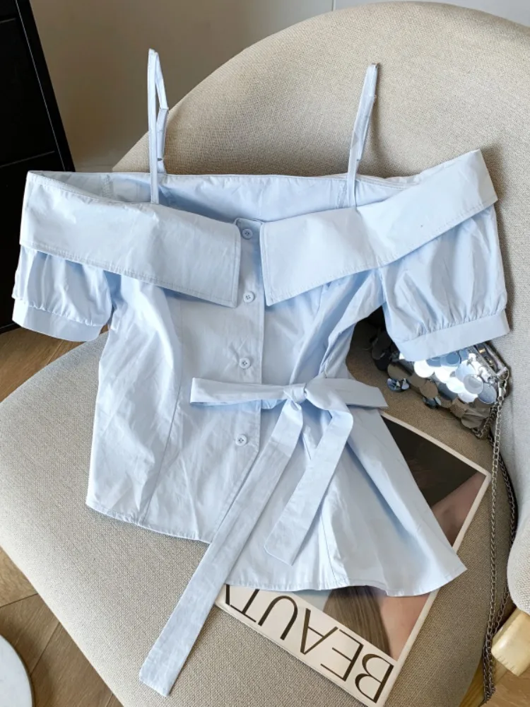 

Korean Style Pure Desire One Shoulder Short Sleeve Shirt Women's Summer Unique Bow Waist Cinch Doll Shirt Sweet Spicy Short Top