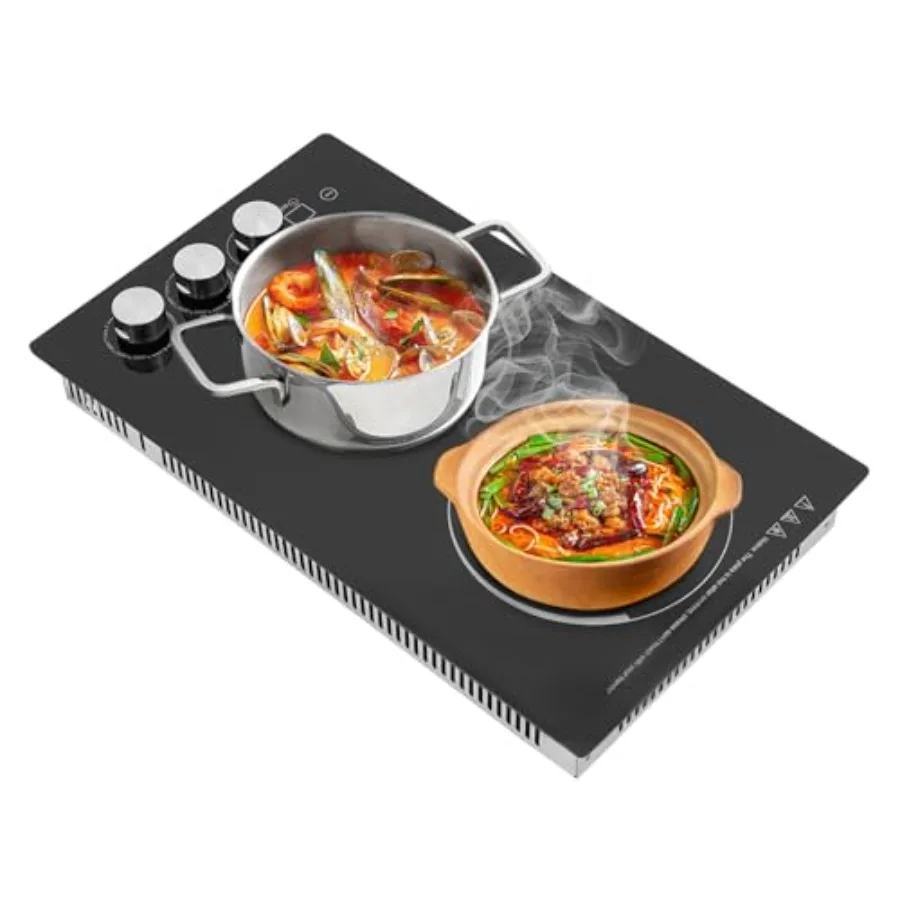 

20 x 12 Inch Ceramic Built-in Electric Cooktop with Touch Control 2 Burners Hard Wire 1700W 110V Child Lock Timer Black Durable