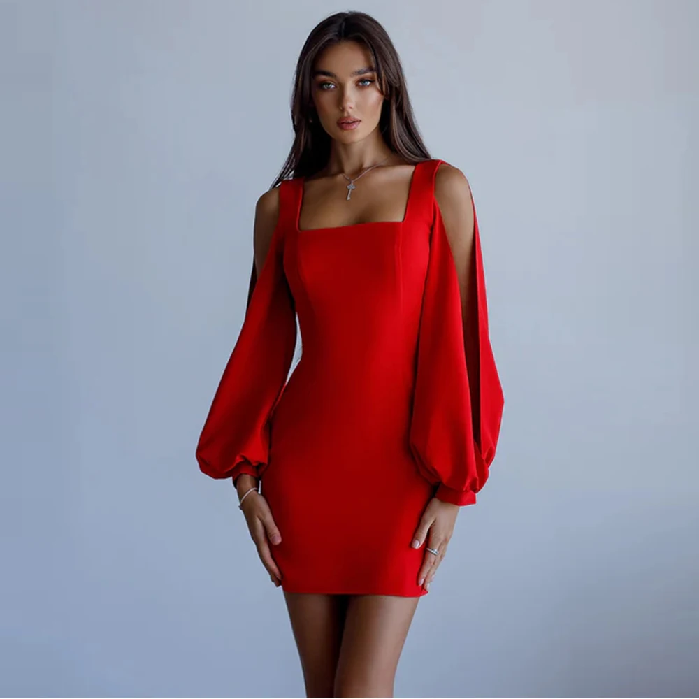 

Sexy Red Straight Square Neck Cocktail Dress Above Knee Length Jersey Long Sleeves Pleats Custom Made Special Occasion Gowns