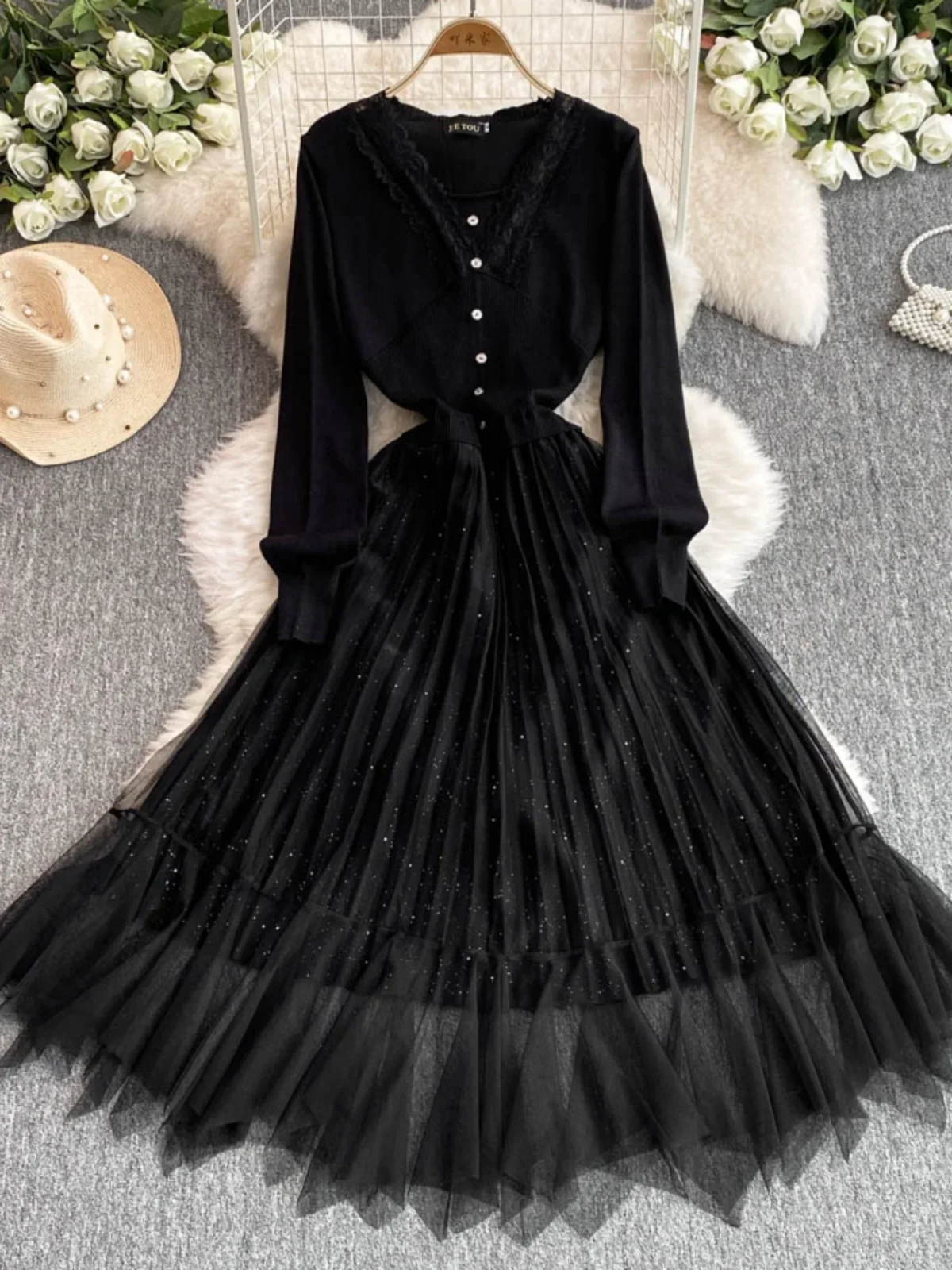 

Knitted Dress Eegant Black Women's Autumn Winter Mesh Slim Long Midi Dress Party Birthday Formalstreetwear