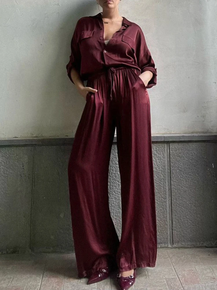 

Mumaroho 2025 Women Summer Autumn Holiday Pant Set Suits Silk Solid Long Sleeve Outfits 2 Two Piece Matching Shirt Set For Women