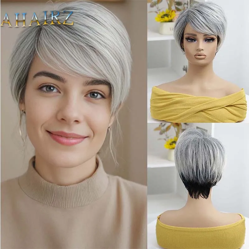 Synthetic Short Curly Wig for Women Gray Gradient Layer Pixie cut Wigs With Side Bangs Daily Party Cosplay