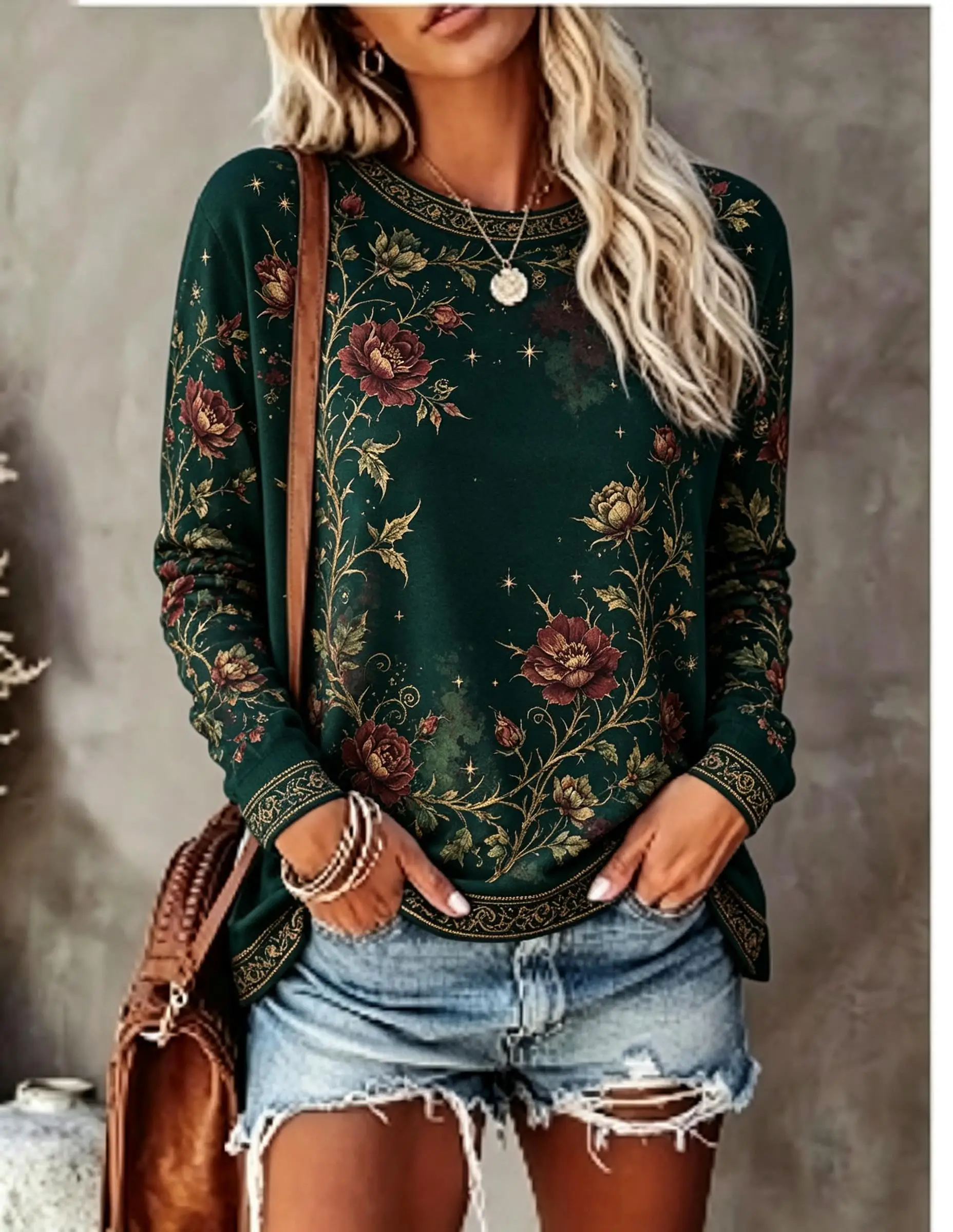 Women Crew Neck Long Sleeve T‑Shirt, Vintage Floral Rose Print Casual Loose Pullover Tops view 5