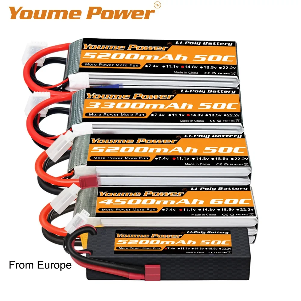 Youme 2S 3S 4S 6S Lipo Battery 3300mah 4500mah 5200mah 6200mah 6500mah 60C T Deans XT60 For FPV Airplanes Heli Car RC Parts