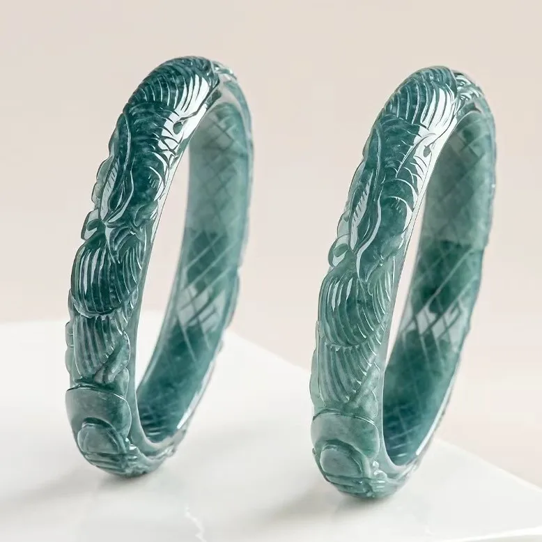 Natural Green Jadeite Stone Bracelet Three-Dimensional Carved Phoenix Women's Fashion Bangles for Women Luxury Gifts