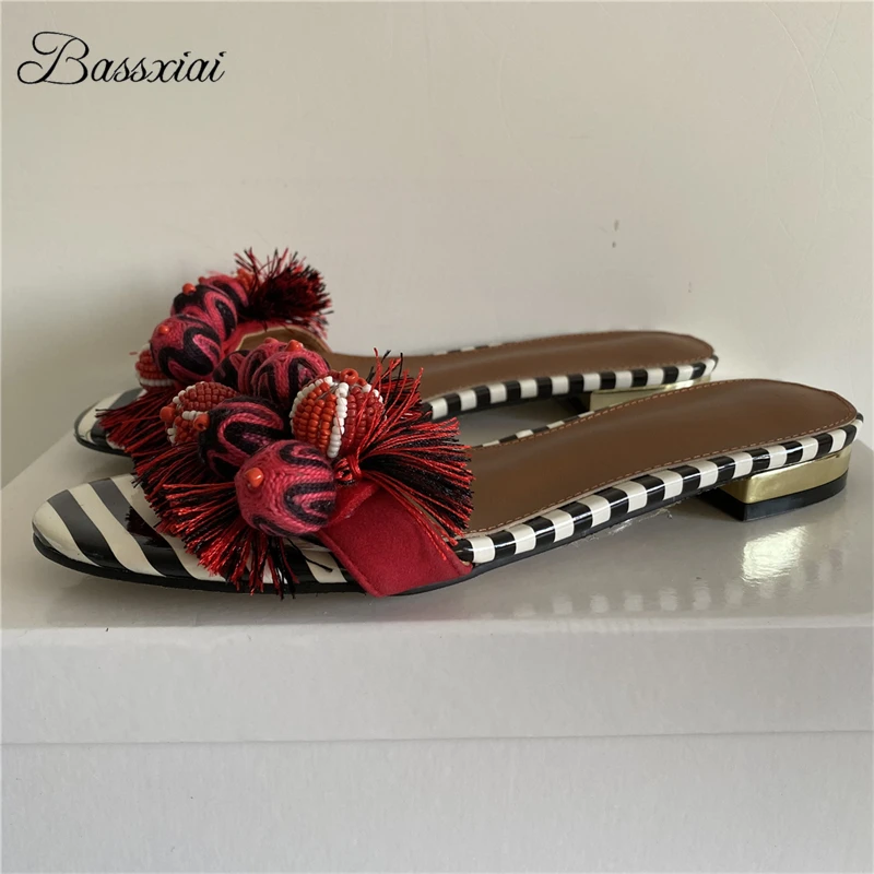 

Шерстяные вязаные тапочки с бусинами, женские роскошные замшевые шлепанцы с открытым носком, верхняя одежда на плоском каблуке, летние сабо для девочек