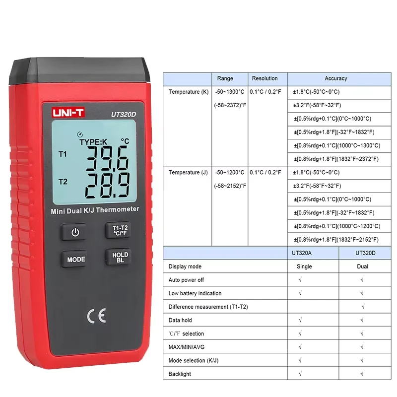 UNI-T UT320A UT320D Termometro digitale Mini termometro a termocoppia tipo K/J doppio -50 ℃   a 1300 ℃   Misuratore per tester ad alta temperatura
