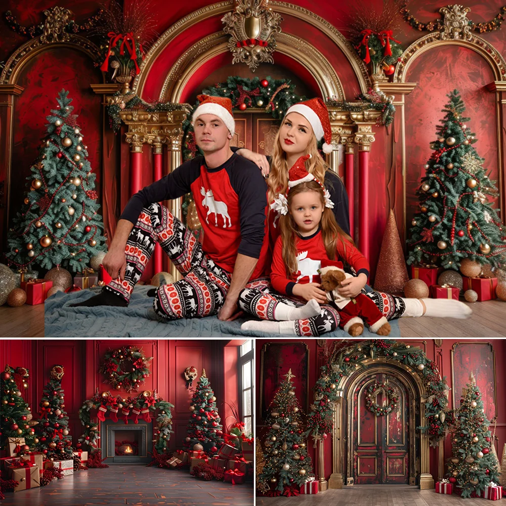 

Christmas Fireplace Palace Backdrops Photography Europe Red Castle Xmas Tree Gifts Family Party Decoration Photozone Background