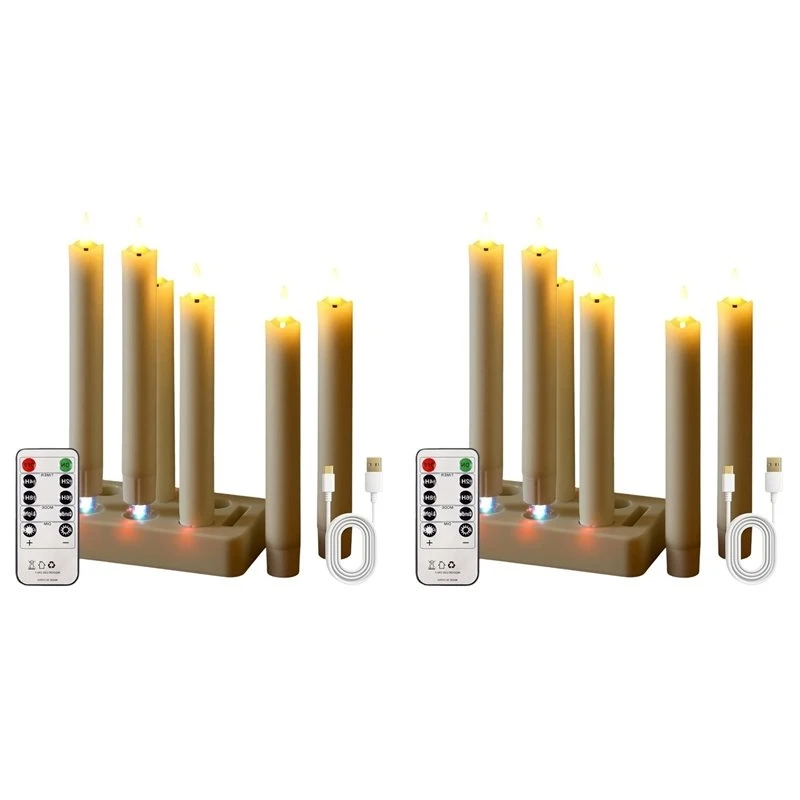 AT51-Rechargeable LED Taper Candles With Remote Timer, Wax Set Of 12 With Charging Station,Flickering 3D-Wick Warm Light