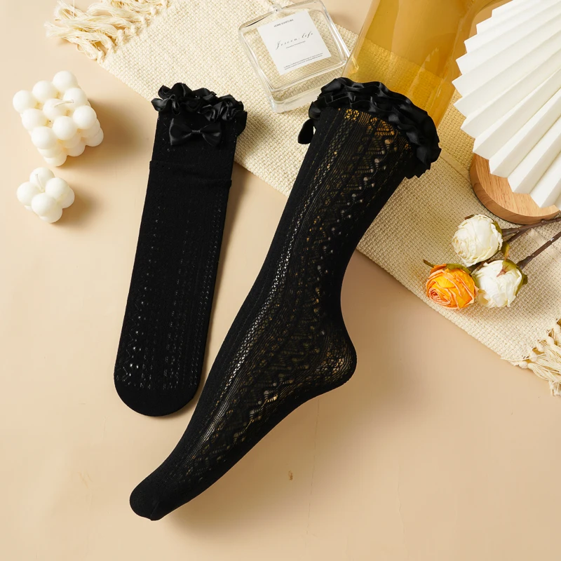 لوليتا الدانتيل الجوارب للنساء Jk مقوس دانتيل العجل رقيقة الجوارب منتصف أنبوب شبكة جوفاء تنفس الجوارب القصيرة أسود أبيض #3