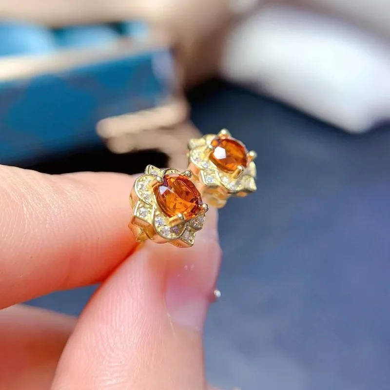 New Natural Citrine Gemstone Jewelry Studs Earring  925 Pure Silver 5mm Suit Wedding Jewelry for Women