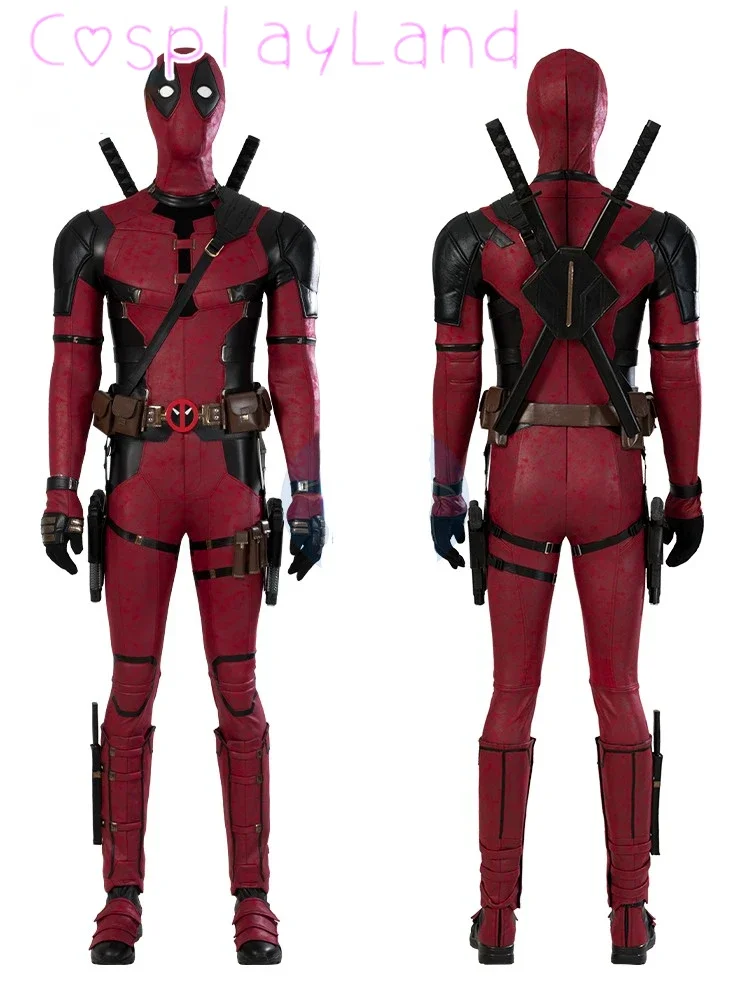 2024 Comedy DP3 Red Soldier Wade Wilson Cosplay Costume Pool Boy Complete Suit Halloween Masquerade Outfit Men Leather Jumpsuit