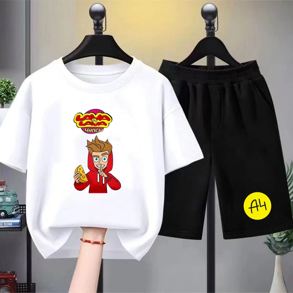 

Summer Short Sleeve Children Age 3-12 Girls Set white black Boy Tshirt+Shorts 2pcs leisure Kids A4 Print Set clothing