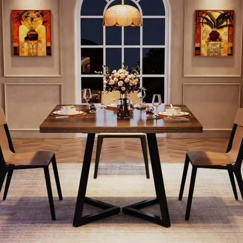 Square Dining Table for 2, 31.5' Industrial Dinner Table with Metal Base, Kitchen Table for Dining Room, Small Space, Apartment,