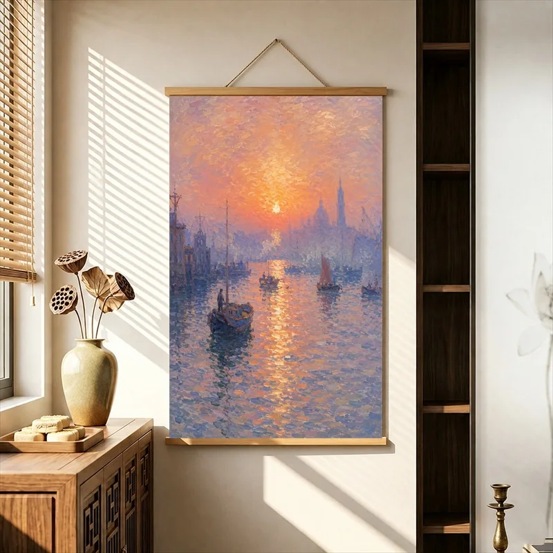 Wall Art Sunlit Garden Path, Impressionist Pearlescent Canvas Hanging Scroll with Wooden Rods for Boutique Guesthouse
