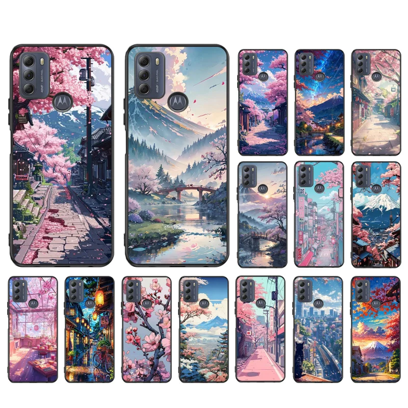 Japanese Landscape Cherry Case For Motorola G84 G22 G32 G34 G52 G10 G20 G30 G60 G60S G13 G50 G54 G62 G53 G72 G85 G24 Power