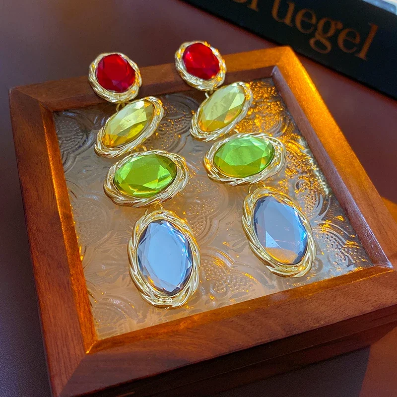Rhinestone Long Colorful Oval Metal Dangle Earrings for Women Vintage Sparkle Light Luxury Silver Needle Earring Gifts Wholesale