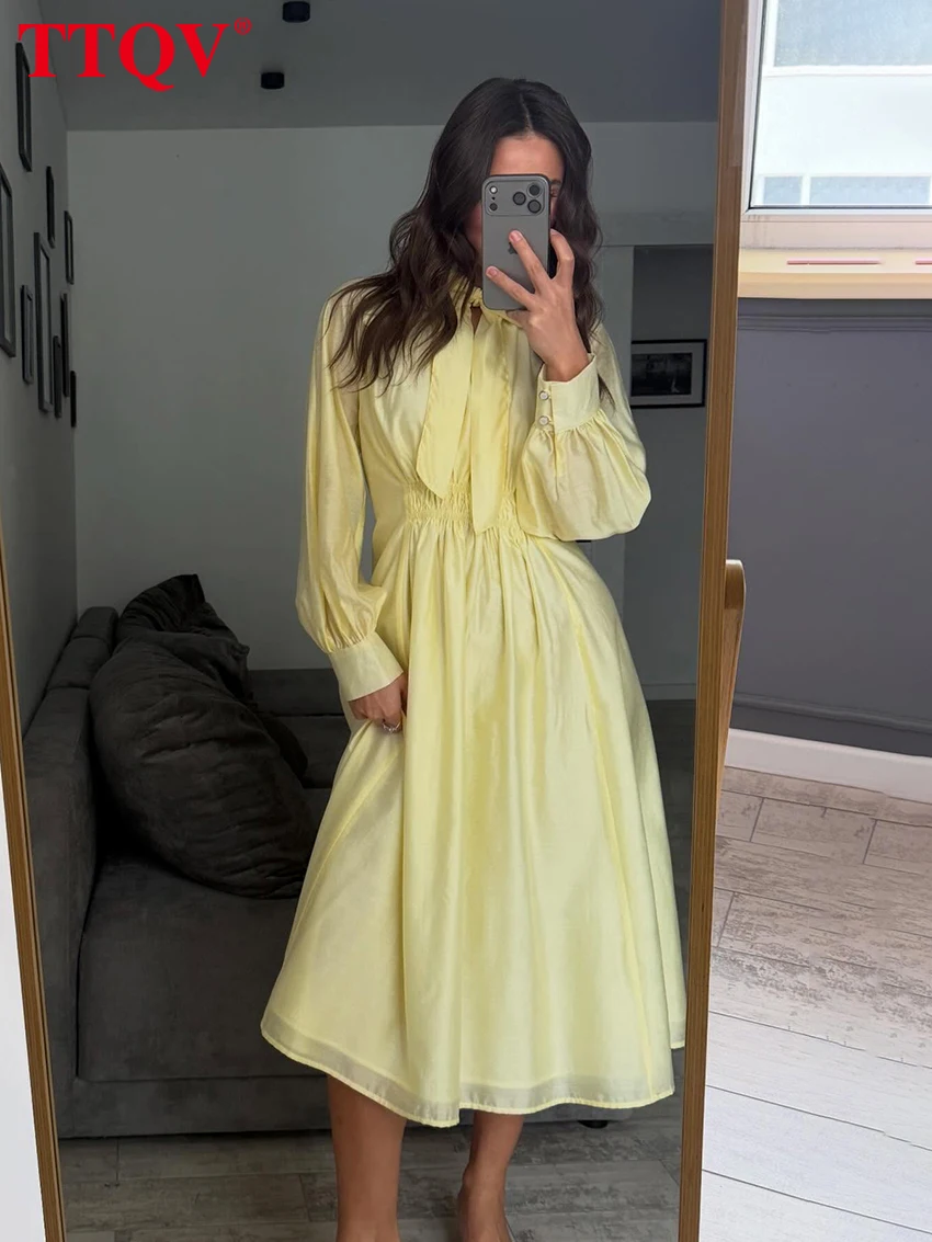 

TTQV Fashion Loose Yellow Women's Dress 2026 Spring Bow Collar Long Sleeve Midi Dresses Elegant Classic High Waist Female Dress