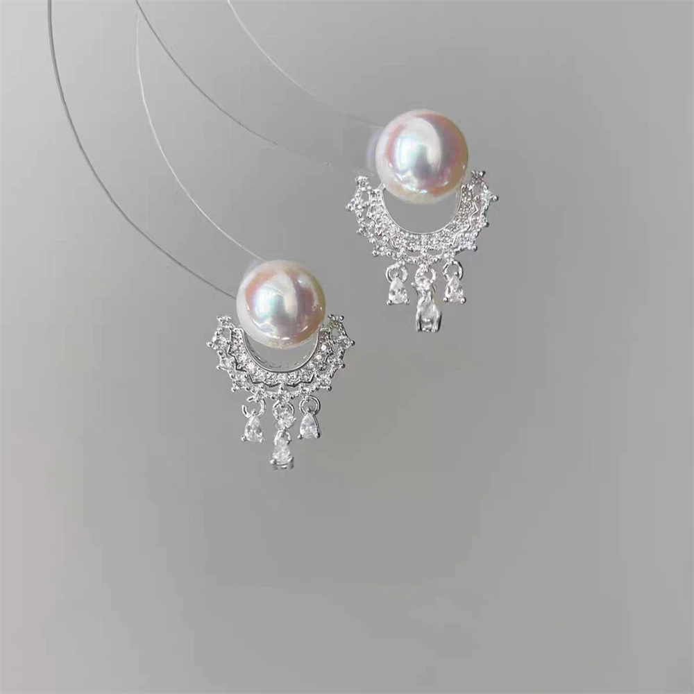 

S999 Sterling Silver Needle Pearl Tassel Wreath Studs Women's Exquisite Versatile High-end Earrings