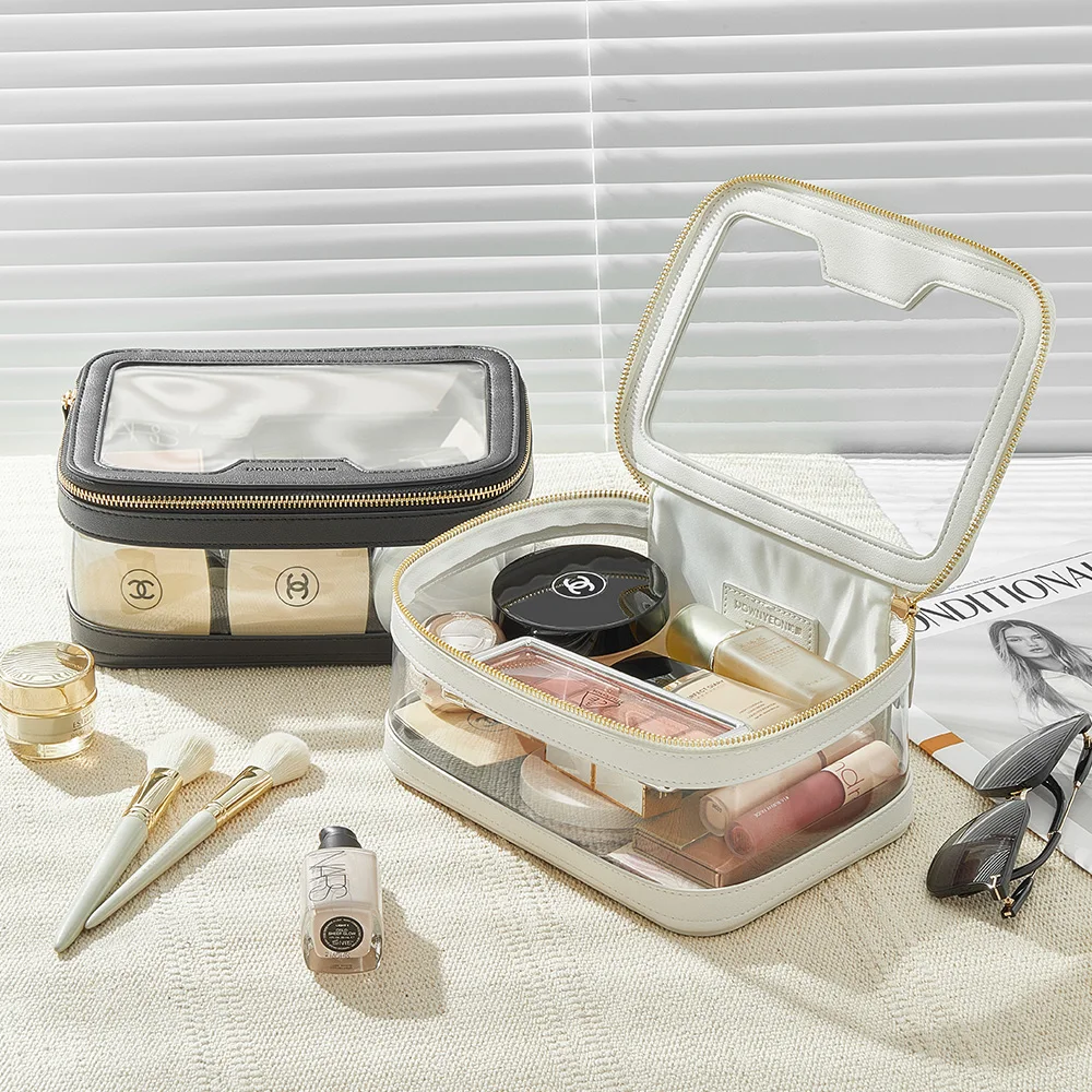 Rownyeon Clear Makeup Case Toiletry Bag Travel Makeup Train Case Portable Cosmetic Organizer Transparent Bag Black