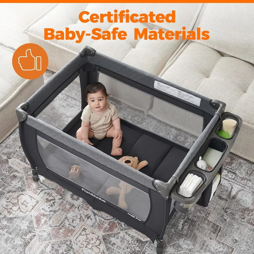 Draagbare 4-in-1 Playard met stalen frame, commode, vergrendelbare wielen en ademend gaas voor de veilige slaap van baby's