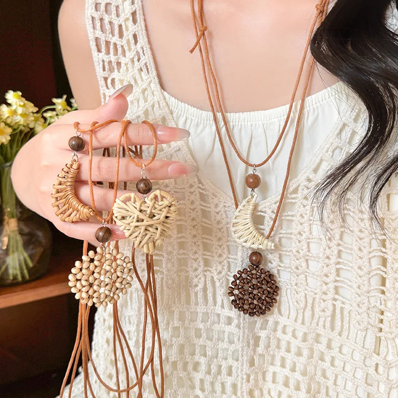 البوهيمي نمط القش جديلة الحب القمر النسيج قلادة للنساء فتاة هدايا عيد ميلاد الصيف عطلة الشاطئ رقبة طويلة #1