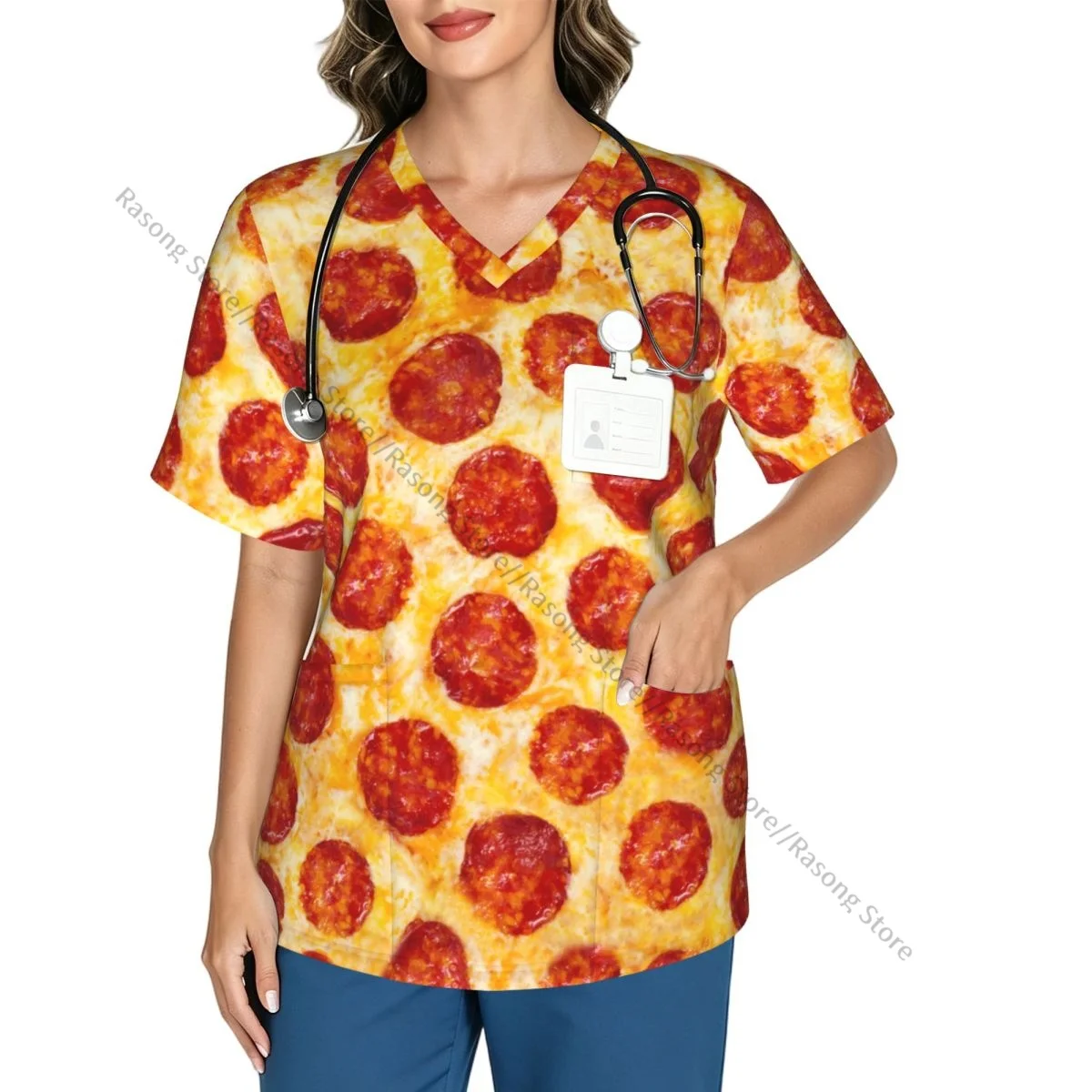 Pepper Pizza Scrubs Medical Uniforms Women V Neck Short Sleeve Tunic Scrubs Tops Nursing Surgical Uniforms