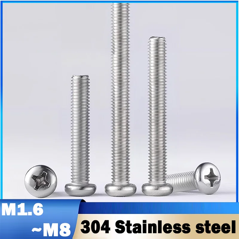 5~100Pcs M1.6 M2 M2.5 M3 M3.5 M4 M5 M6 M8 304 Stainless steel Cross Round Phillips Pan Head Screw Bolt Pan Head Screw