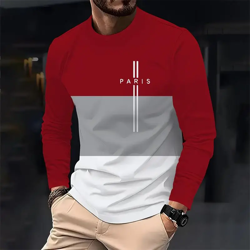 باريس متعدد الألوان الرجال فضفاضة طويلة الأكمام تي شيرت مطبوع موضة Crewneck تي شيرت غير رسمي مريح الرجال الربيع والخريف