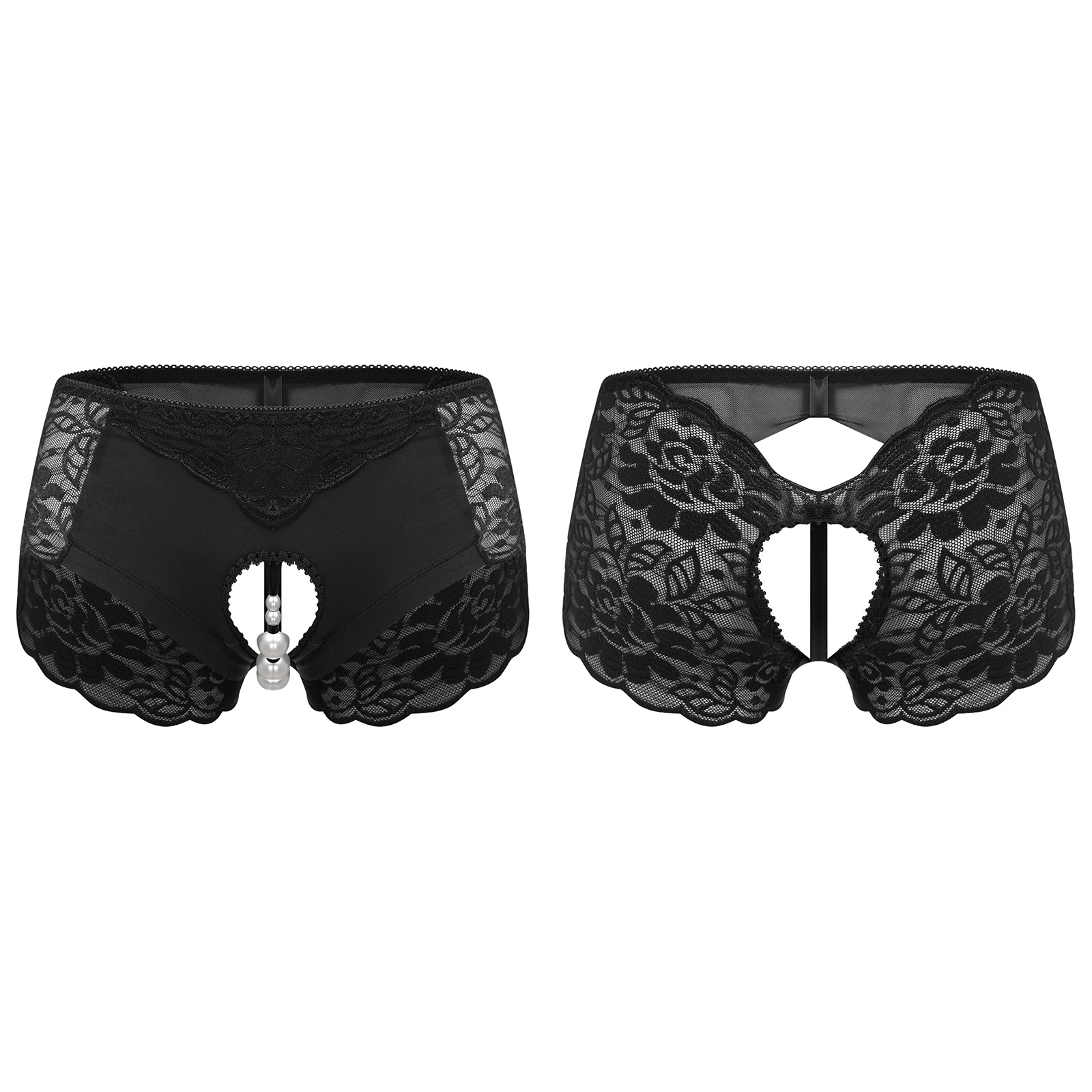 

Women Couple's Temptation Floral Lace Panties Opening Crotch with Faux Pearl Band Erotic Briefs for Couple Stimulating Nightwear