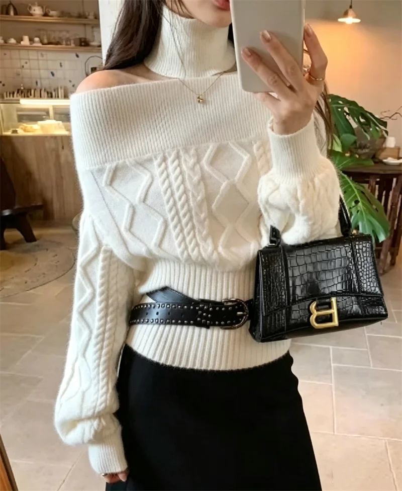 Guobioziy Women's Knit Sweater 2026 Early Autumn New Fashion Short Waist-Fitting Turtleneck Off-Shoulder Knit Sweater